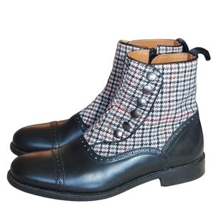 Taft Branson Black Cap Toe Leather Boot Plaid Button Top Shaft Unisex